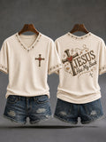 Women's Jesus Has My Back Christian Cross Print Casual V-Neck Tee