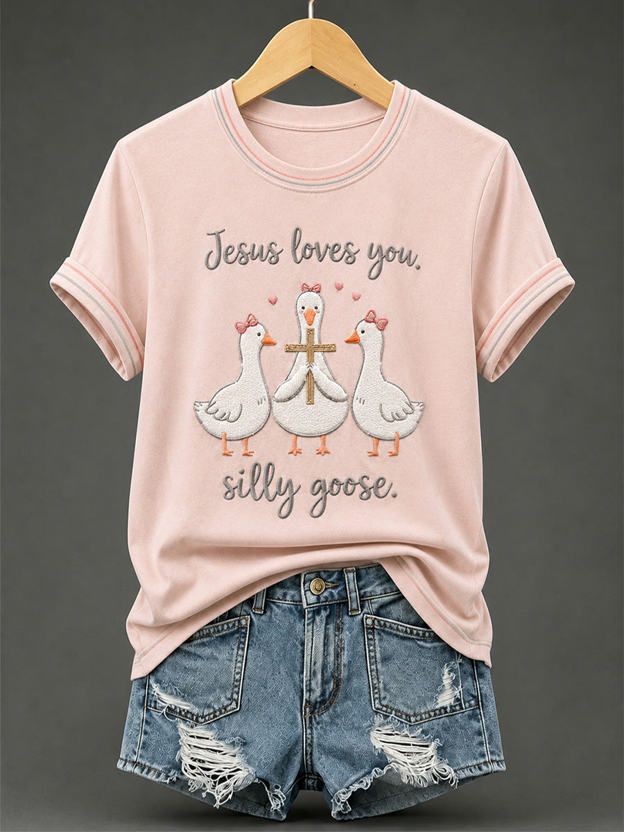 Women's Jesus Loves You Silly Goose Print Casual Tee
