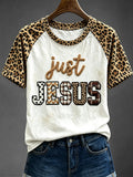 Women's Just Jesus Faith Leopard Print Round Neck Short Sleeve T-shirt