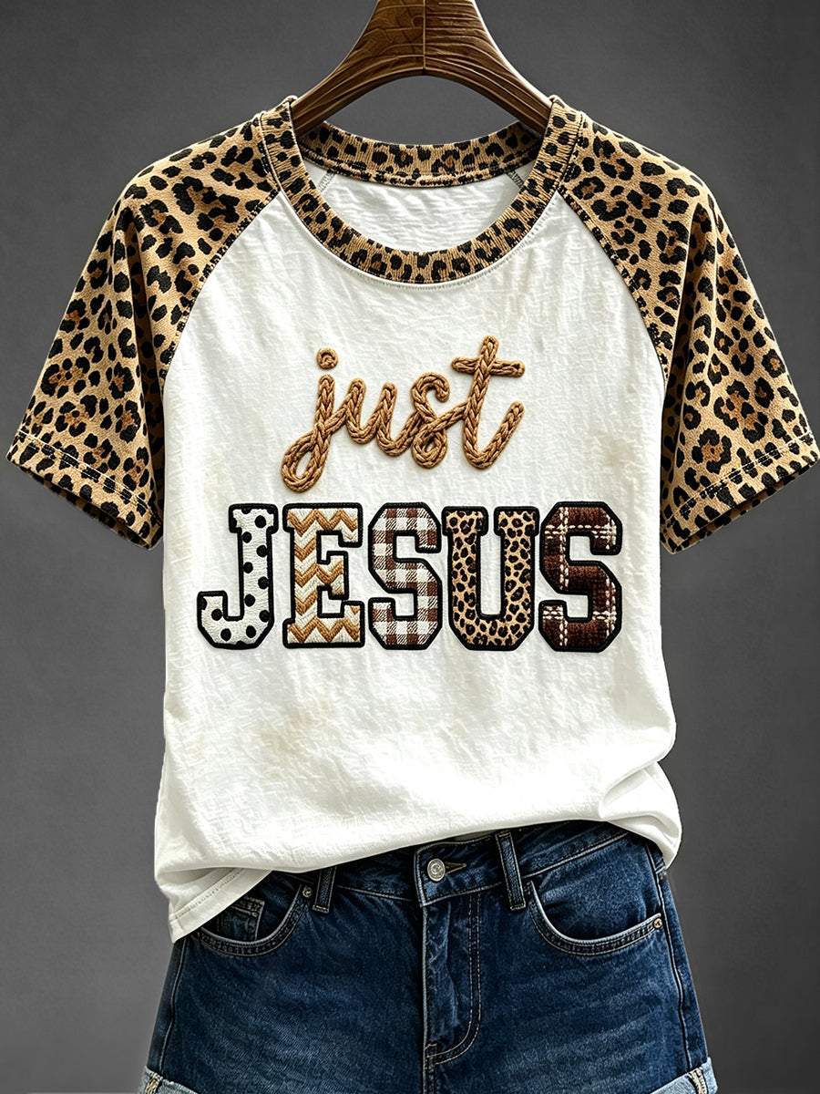 Women's Just Jesus Faith Leopard Print Round Neck Short Sleeve T-shirt