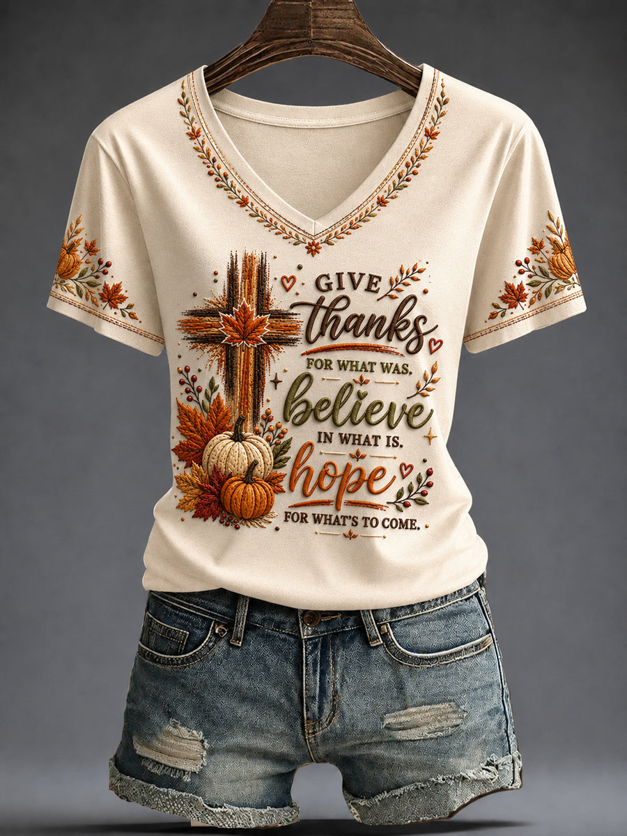 Women's Autumn Faith Printed V-neck T-shirt
