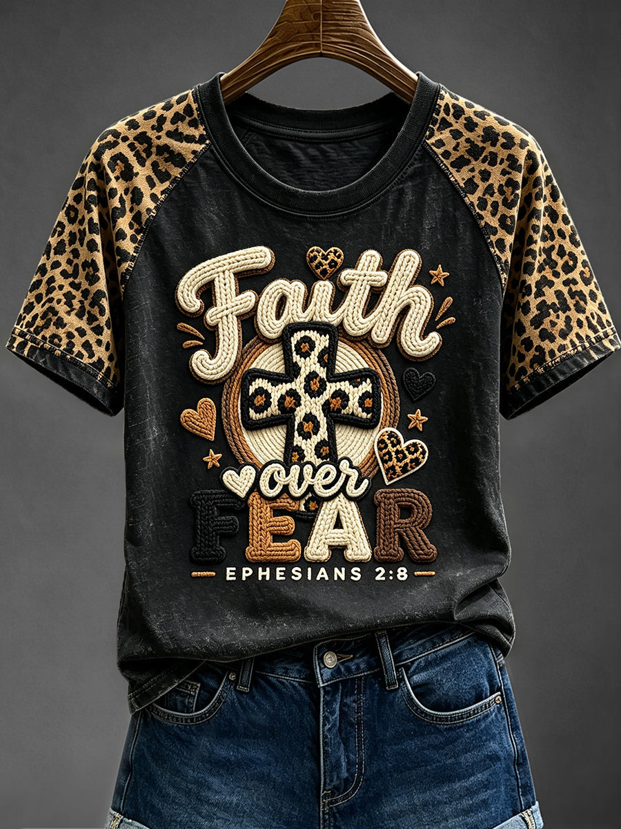 Women's Faith Over Fear Leopard Print Round Neck Short Sleeve T-shirt