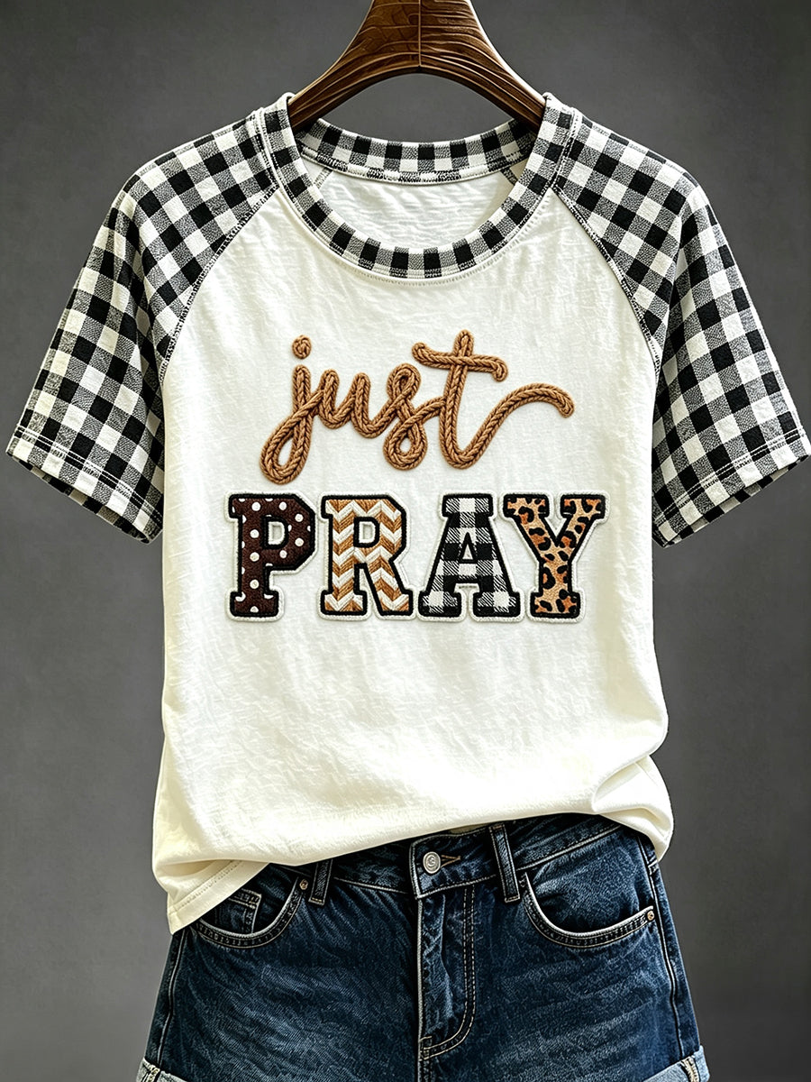 Women's Fait Just Pray Plaid Print Round Neck Short Sleeve T-shirt