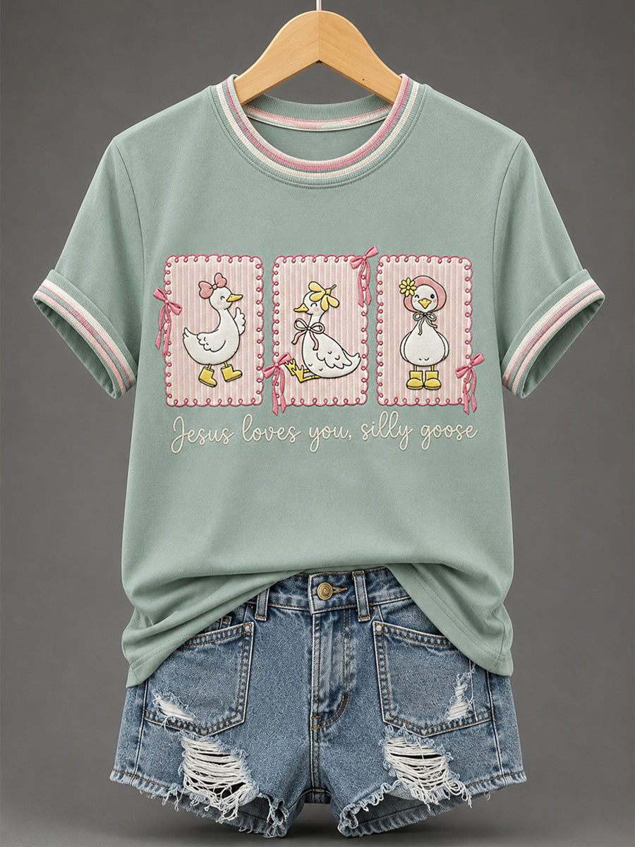Women's Jesus Loves You Silly Goose Print Casual Tee