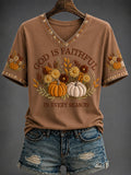 Women's Autumn Faith Printed V-neck T-shirt