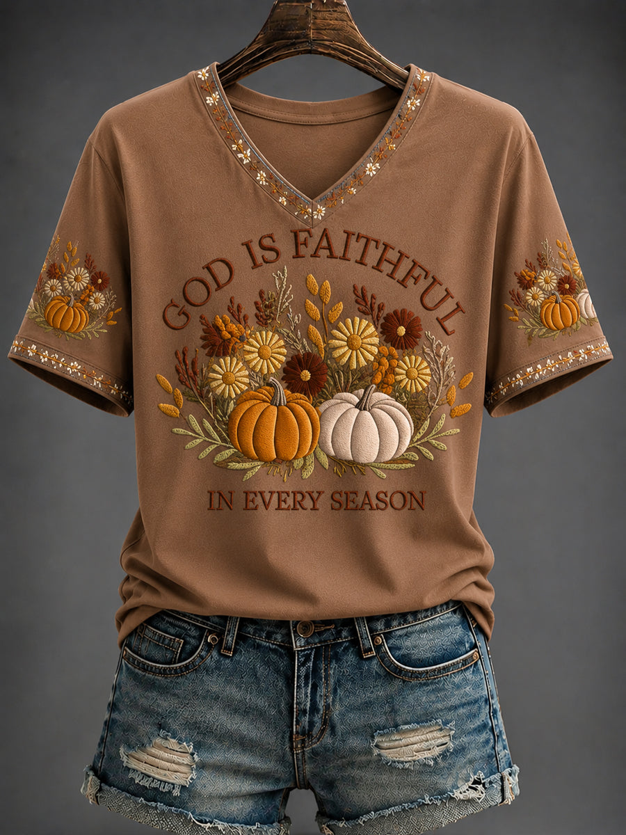 Women's Autumn Faith Printed V-neck T-shirt