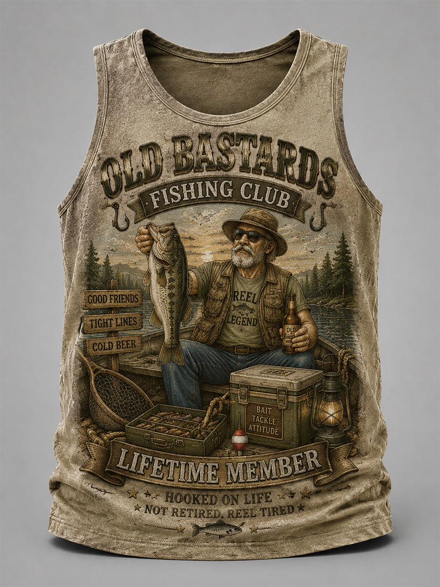Men's Funny Old Bastards Fishing Club Lifetime Member Print Casual Tank Top