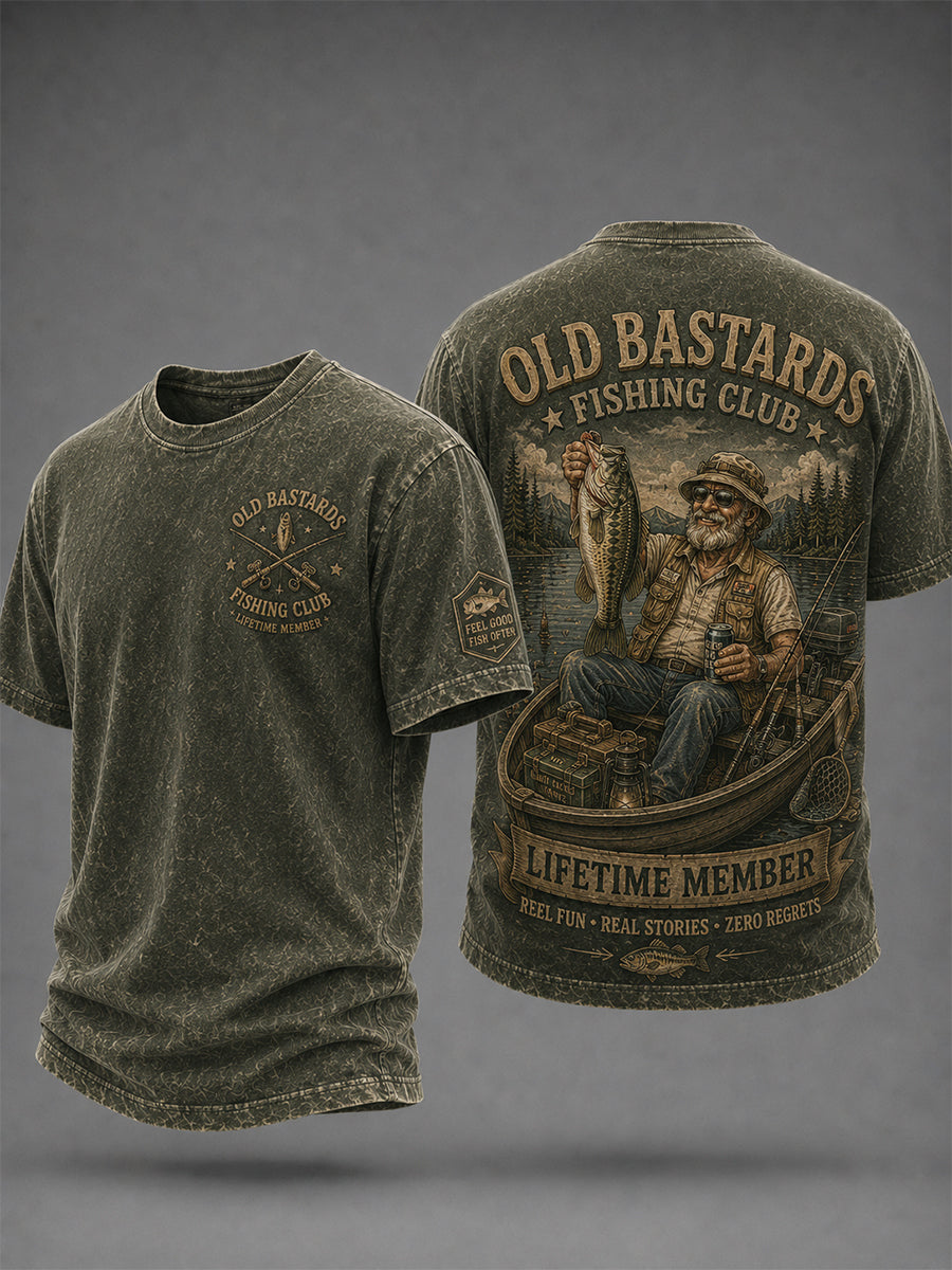 Men's Funny Old Bastards Fishing Club Lifetime Member Print Short Sleeve T-shirt