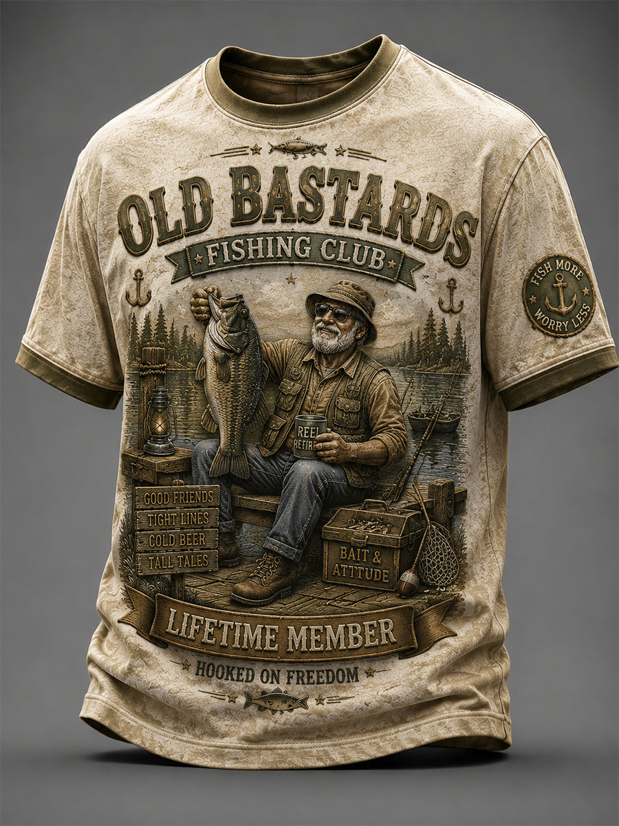 Men's Funny Old Bastards Fishing Club Lifetime Member Print Short Sleeve T-shirt