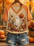 Women's Hello Fall Cute Ghost Print Casual V-Neck Tee