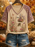 Women's Hello Fall Cute Ghost Plaid Print Casual V-Neck Tee