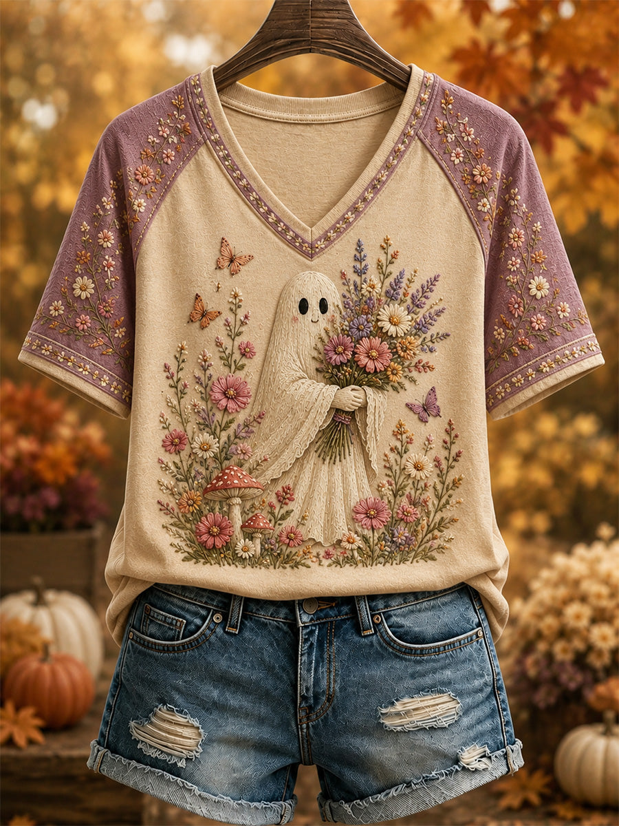 Women's Hello Fall Cute Ghost Plaid Print Casual V-Neck Tee