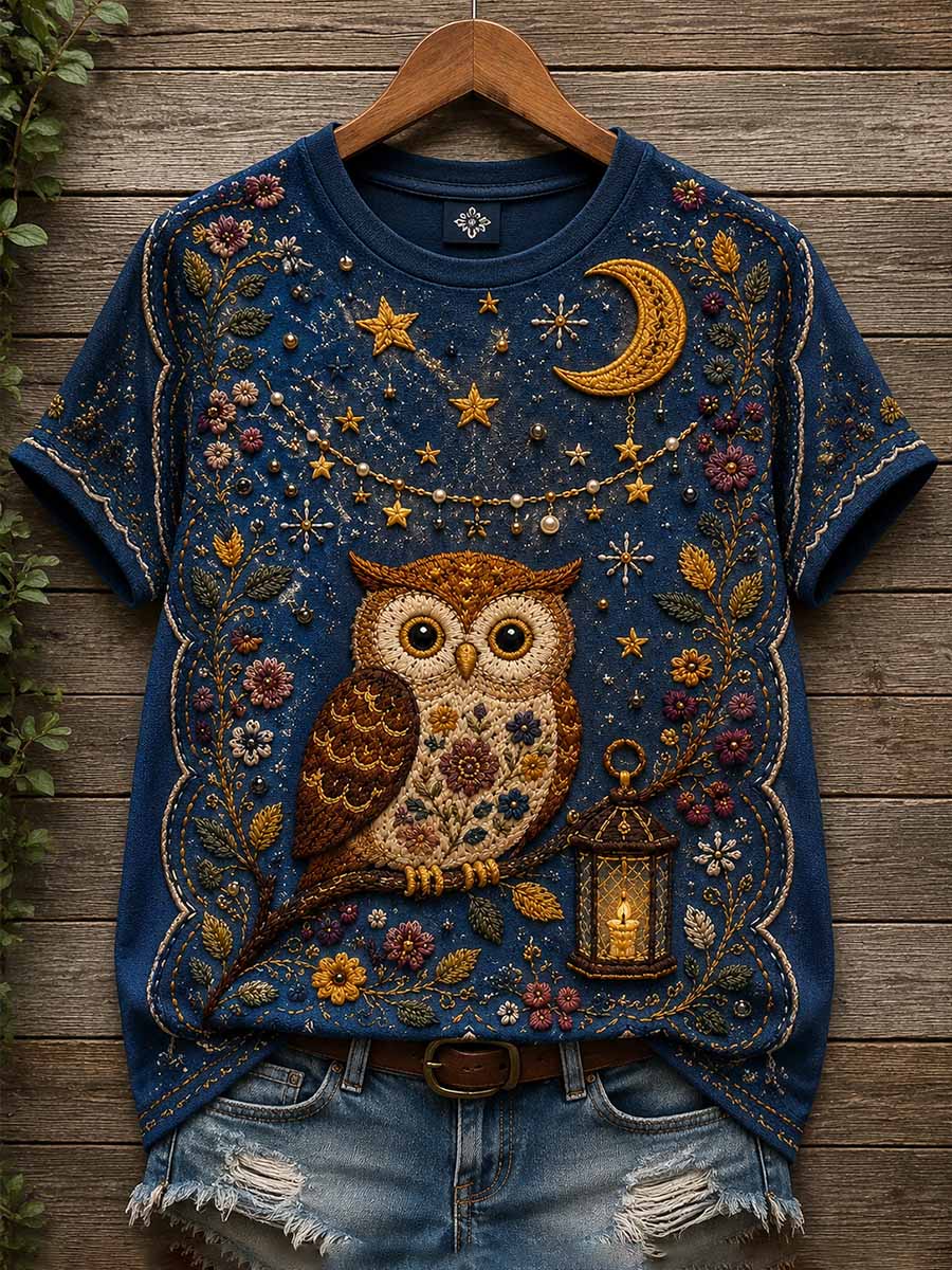 Women's Night Owl Pattern Print T-Shirt