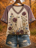 Women's Hello Fall Cute Ghost Print Casual V-Neck Tee