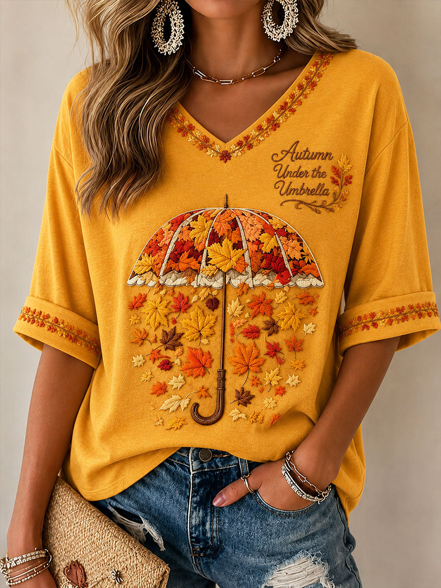Women's "Autumn Under the Umbrella" Print Casual T-Shirt
