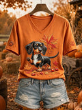 Women's Cute Dachshund Fall Art Print Short-sleeved T-shirt