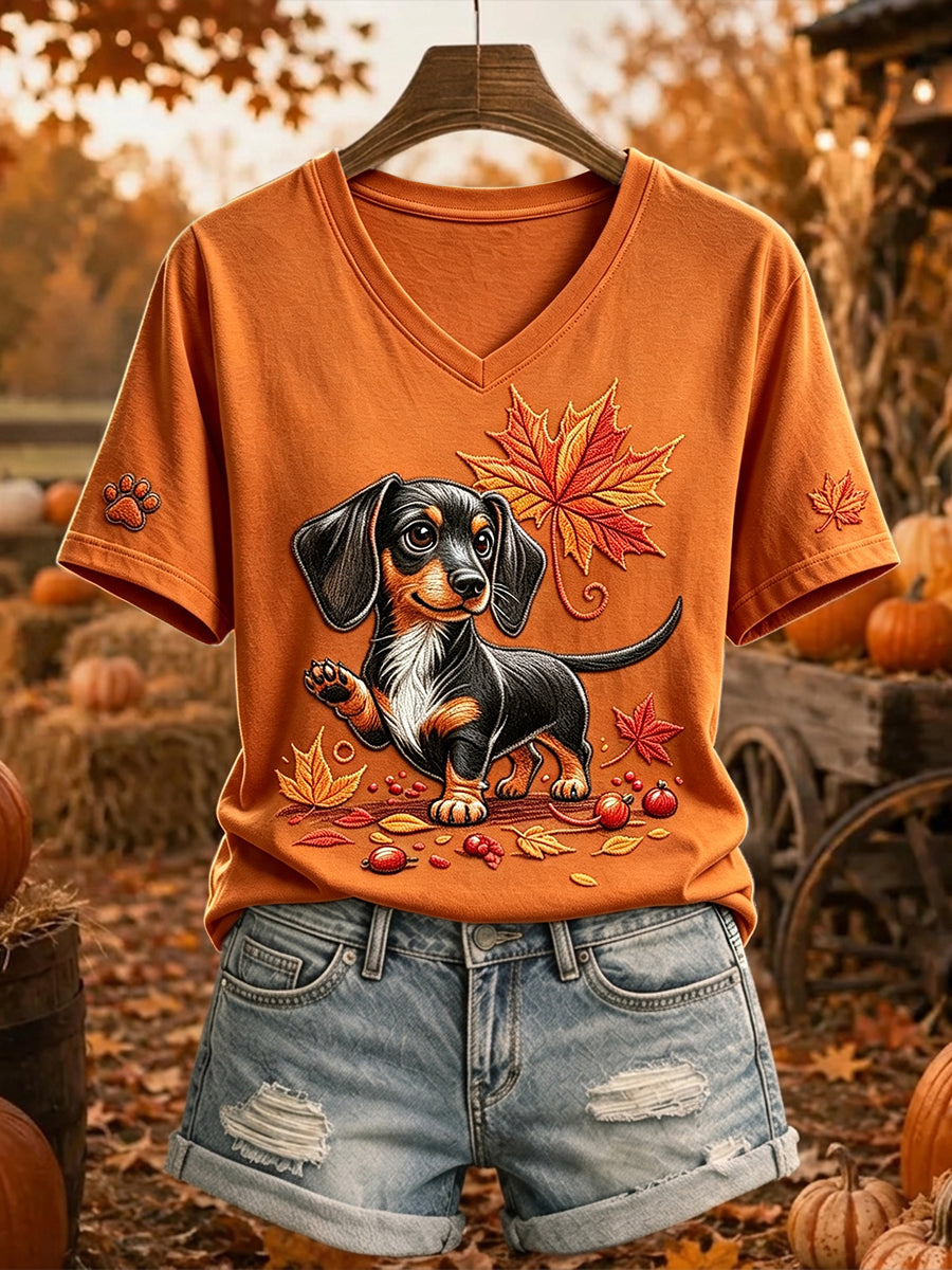 Women's Cute Dachshund Fall Art Print Short-sleeved T-shirt