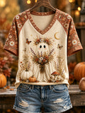 Women's Hello Fall Cute Ghost Print Casual V-Neck Tee