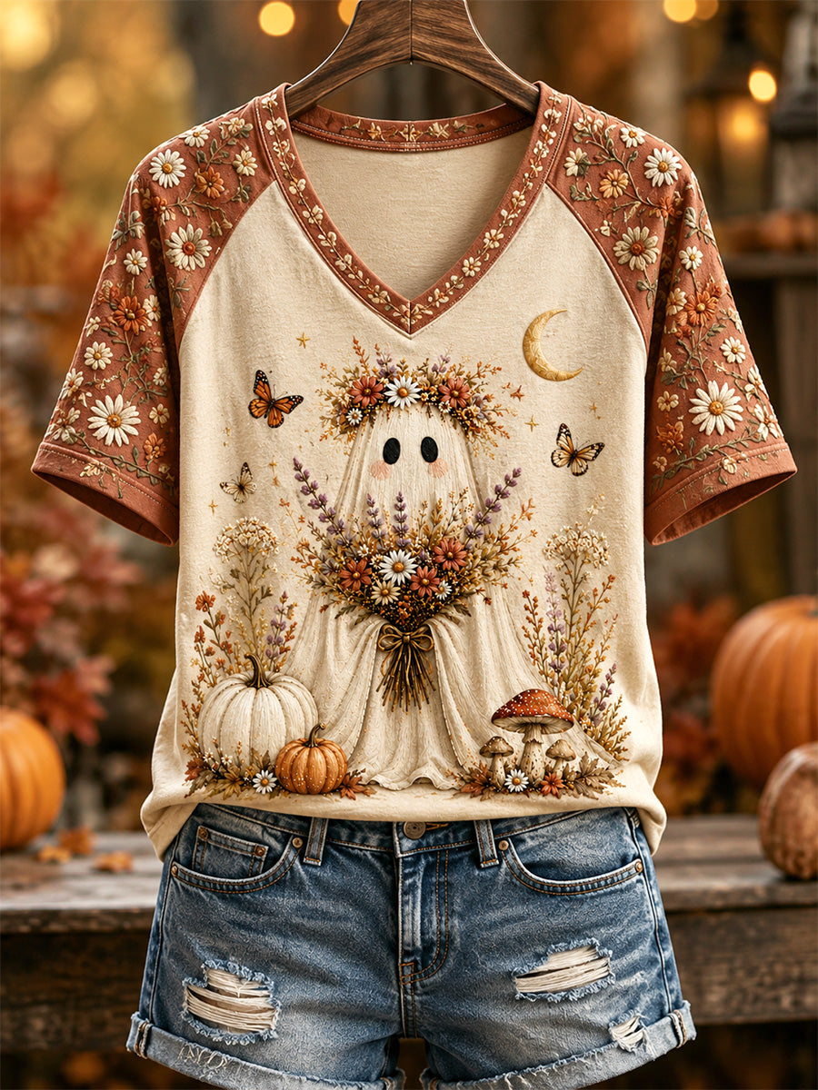 Women's Hello Fall Cute Ghost Print Casual V-Neck Tee