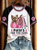 Women's Paws for the Cure Breast Cancer Awareness Yorkshire Dog & Pink Pumpkins Print short-sleeved T-shirt