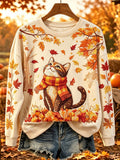 Women's Cute Cat Fall Art Print Comfy Round Neck Sweatshirt