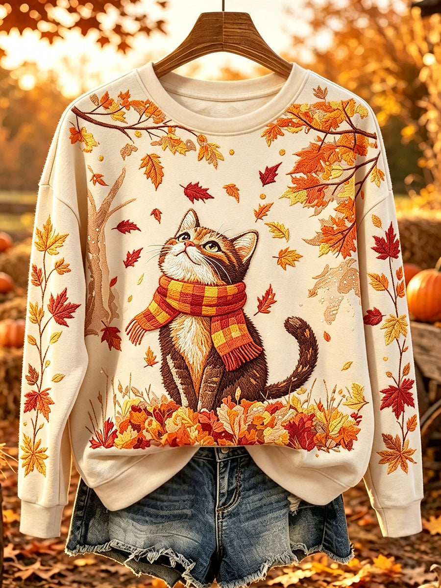 Women's Cute Cat Fall Art Print Comfy Round Neck Sweatshirt