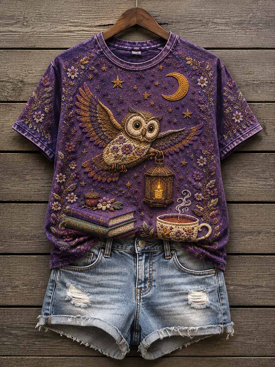 Women's Night Owl Pattern Print T-Shirt