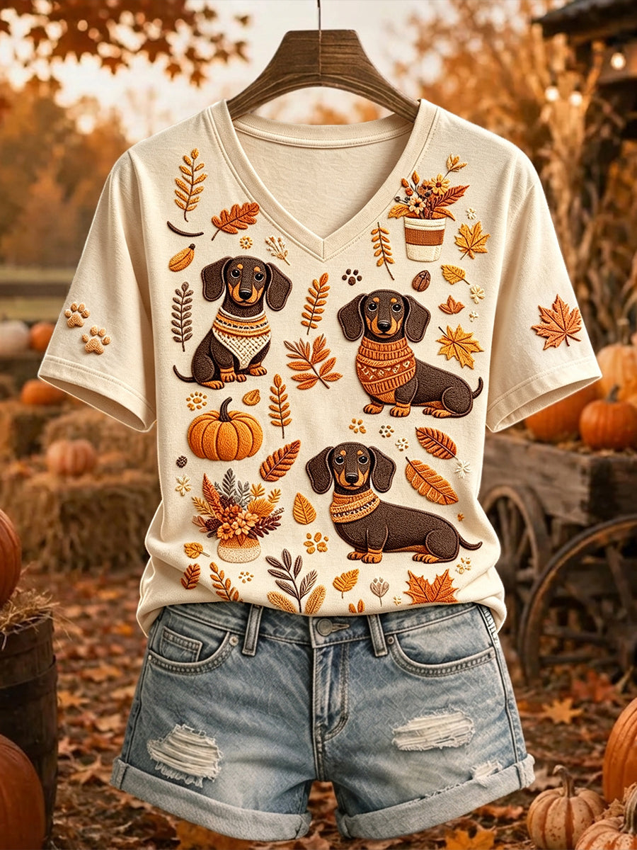 Women's Gorgeous Fall Dachshund Art Print Short-sleeved T-shirt