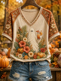 Women's Hello Fall Cute Ghost Print Casual V-Neck Tee