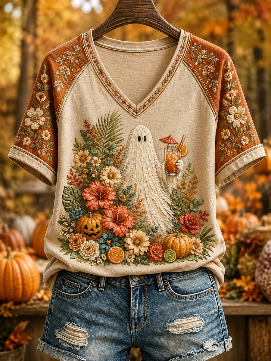 Women's Hello Fall Cute Ghost Print Casual V-Neck Tee