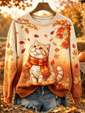 Women's Cute Cat Fall Art Print Gradient Comfy Round Neck Sweatshirt