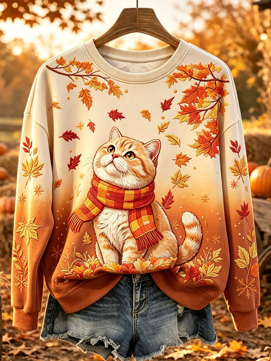 Women's Cute Cat Fall Art Print Gradient Comfy Round Neck Sweatshirt