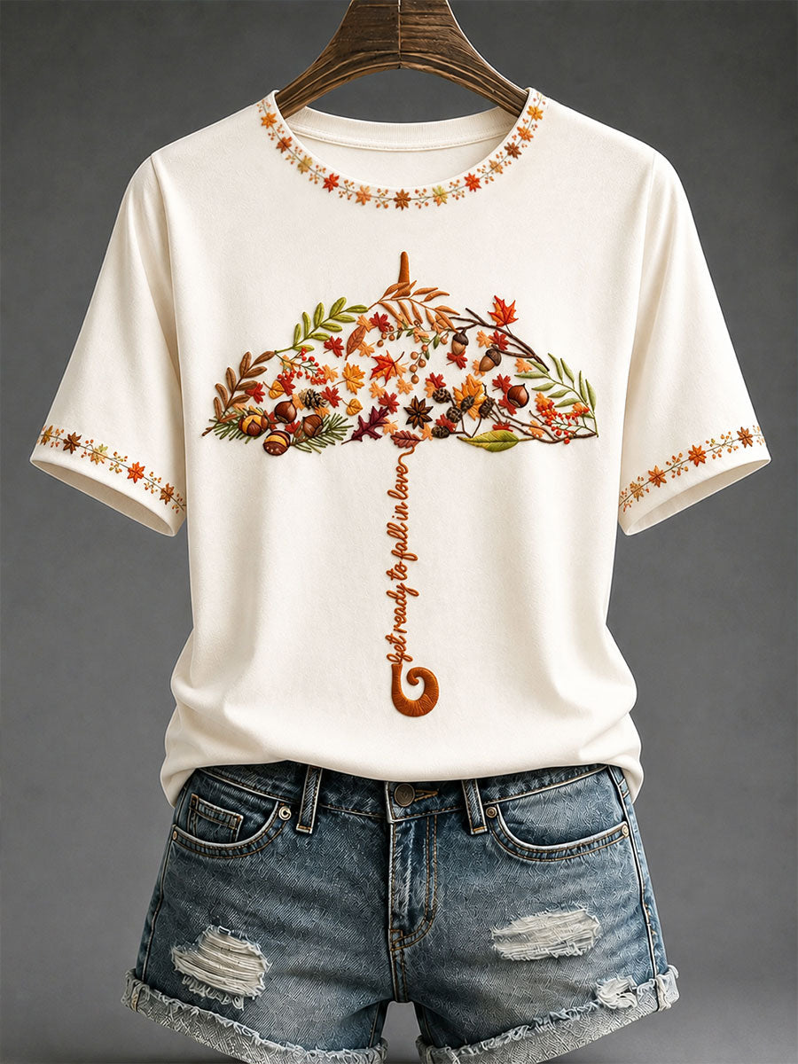 Women's "Autumn Under the Umbrella" Print Casual T-Shirt