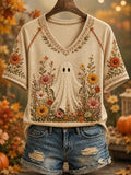 Women's Hello Fall Cute Ghost Plaid Print Casual V-Neck Tee