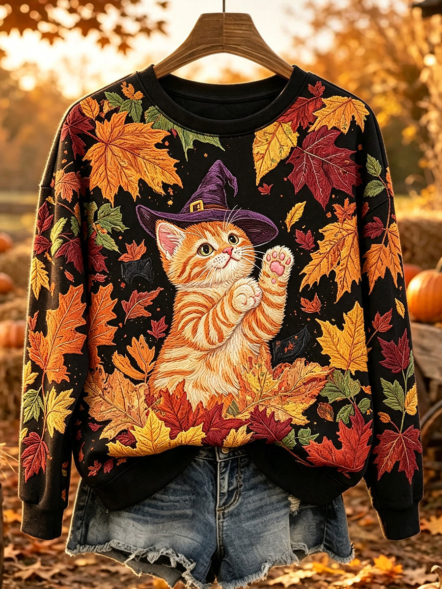 Women's Cute Cat Fall Art Print Casual Round Neck Sweatshirt