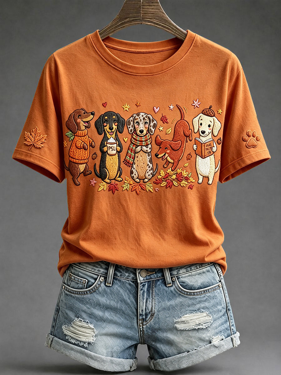 Women's Cute Fall Dachshund Art Print Short-sleeved T-shirt