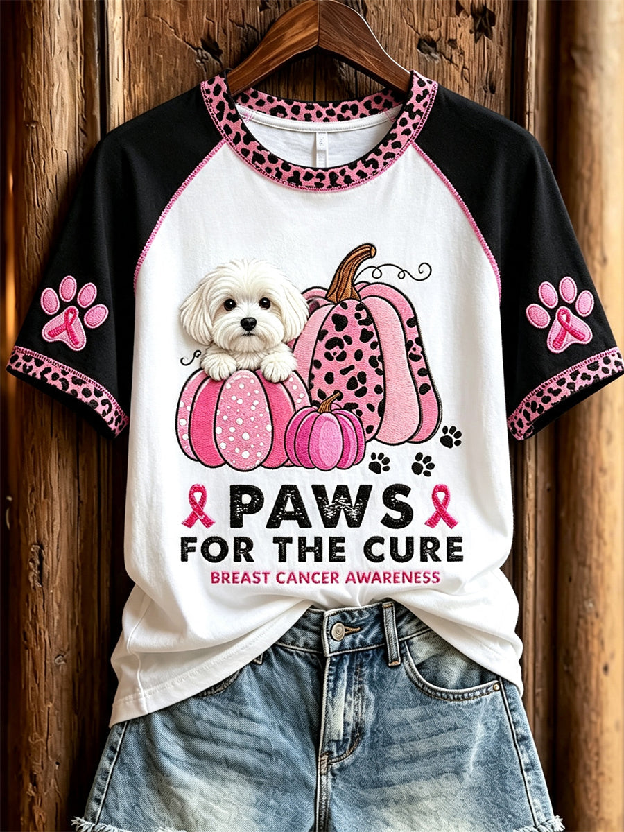 Women's Paws for the Cure Breast Cancer Awareness Maltese Dog & Pink Pumpkins Print short-sleeved T-shirt