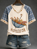 Women's "Autumn Under the Umbrella" Print Casual T-Shirt