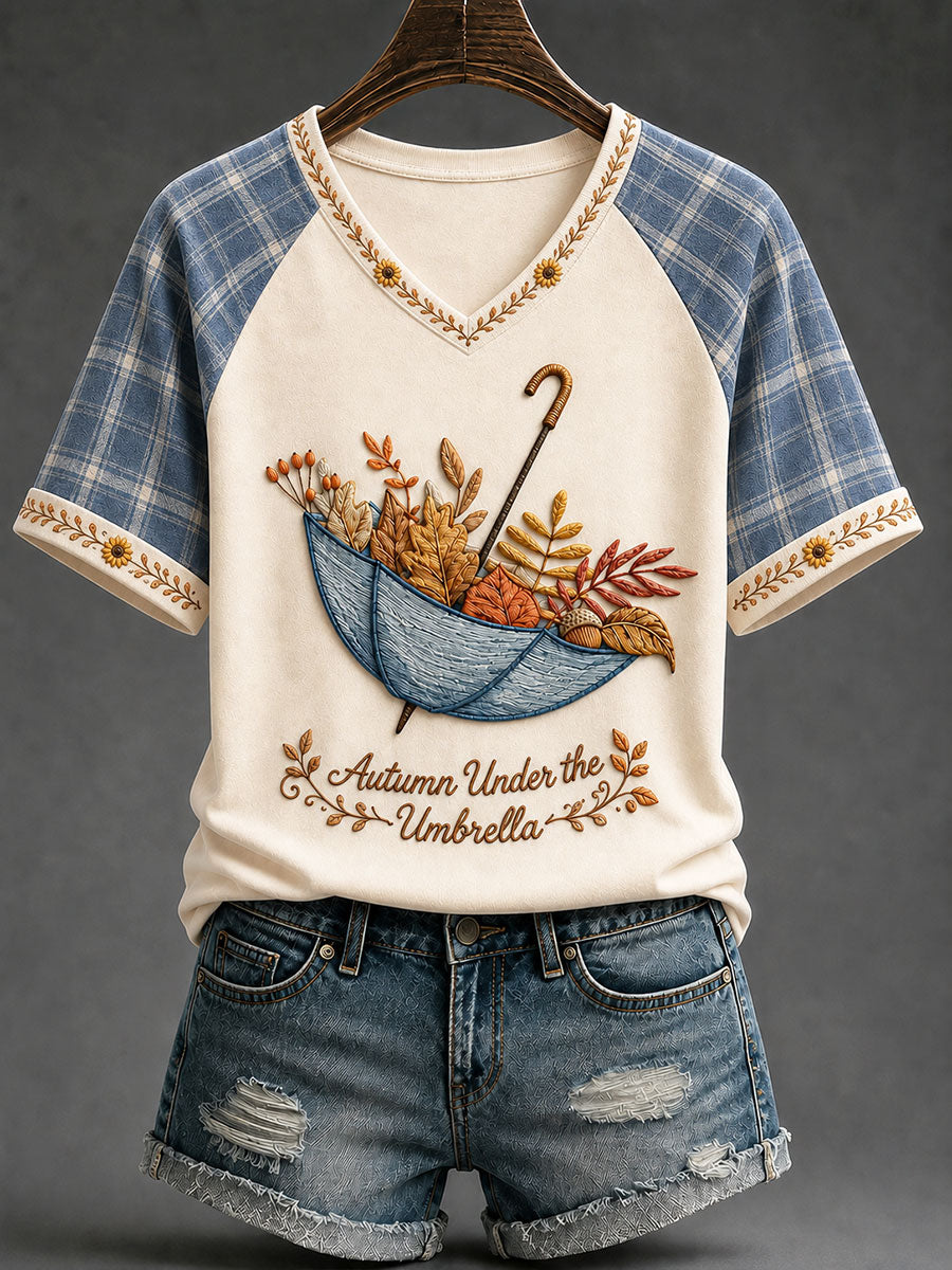 Women's "Autumn Under the Umbrella" Print Casual T-Shirt