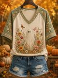 Women's Hello Fall Cute Ghost Plaid Print Casual V-Neck Tee