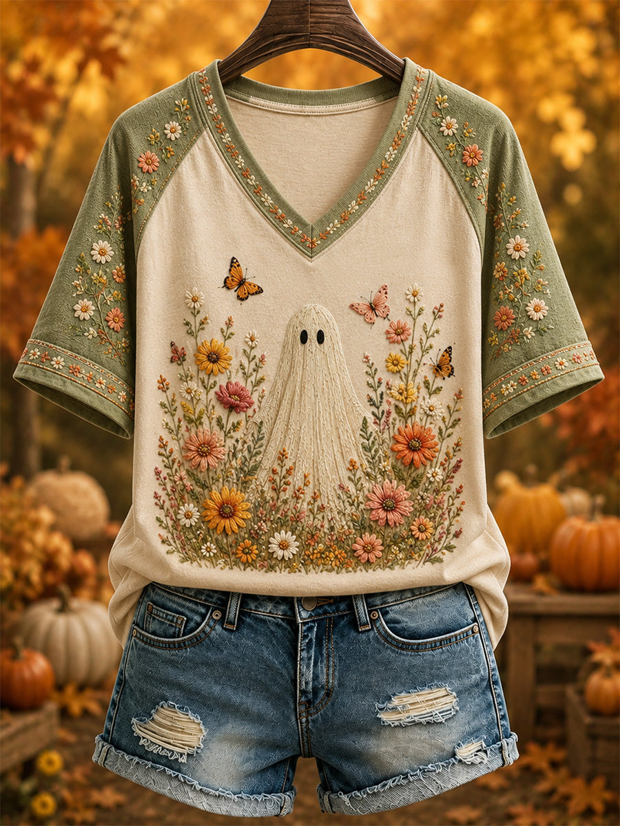 Women's Hello Fall Cute Ghost Plaid Print Casual V-Neck Tee