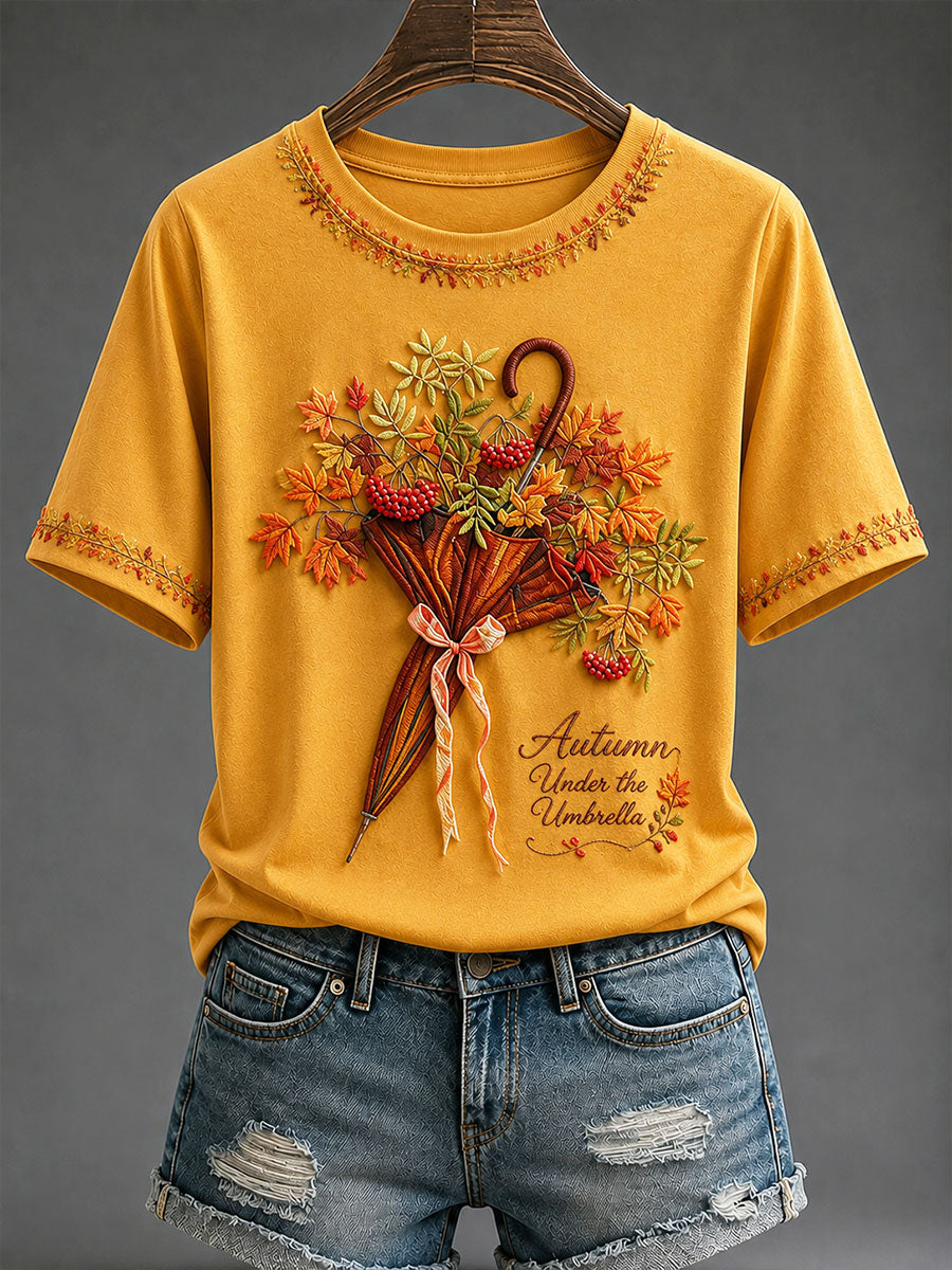 Women's "Autumn Under the Umbrella" Print Casual T-Shirt