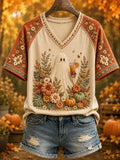 Women's Hello Fall Cute Ghost Plaid Print Casual V-Neck Tee