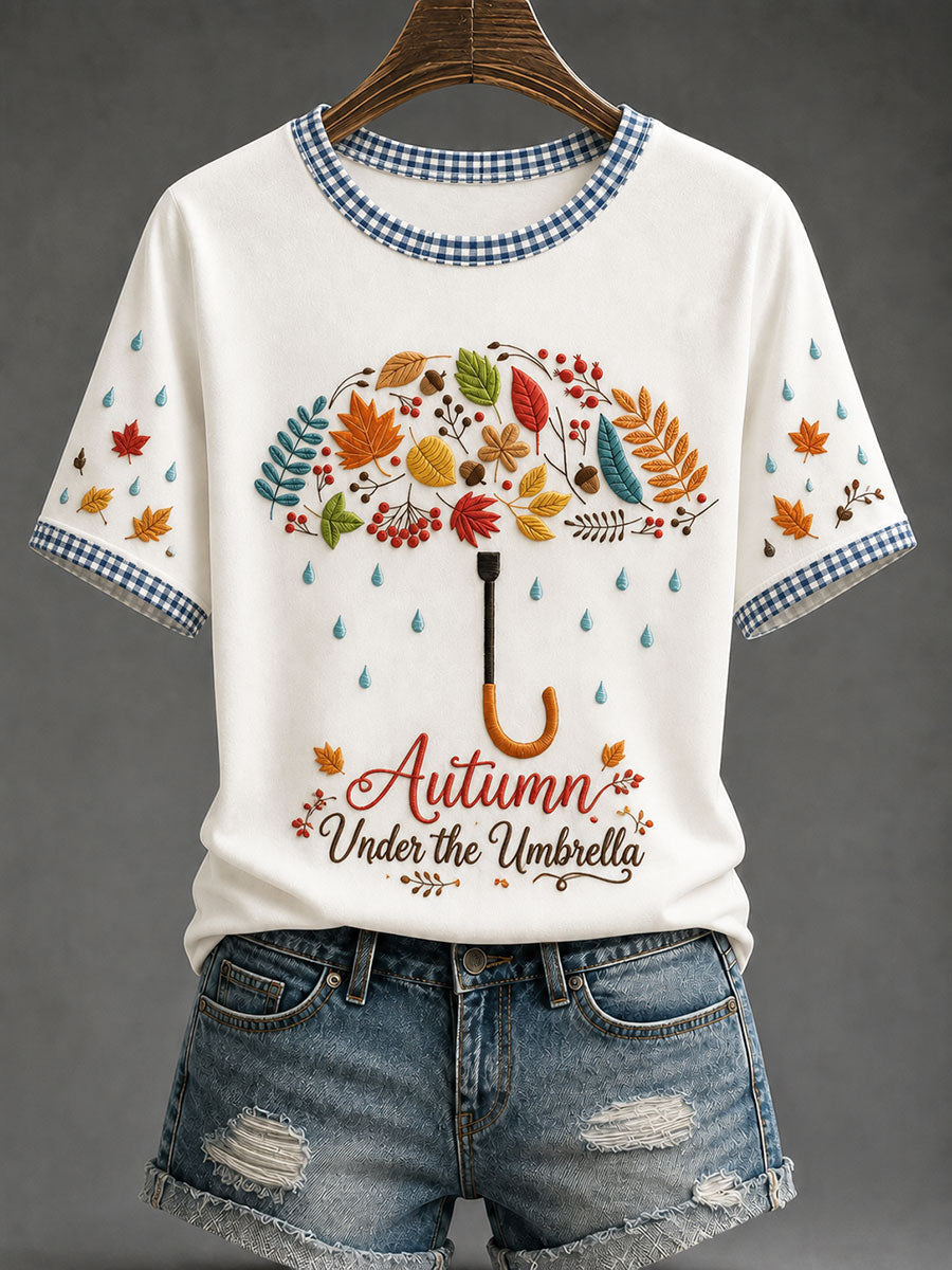 Women's "Autumn Under the Umbrella" Print Casual T-Shirt