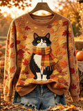 Women's Cute Cat Fall Art Print Comfy Round Neck Sweatshirt