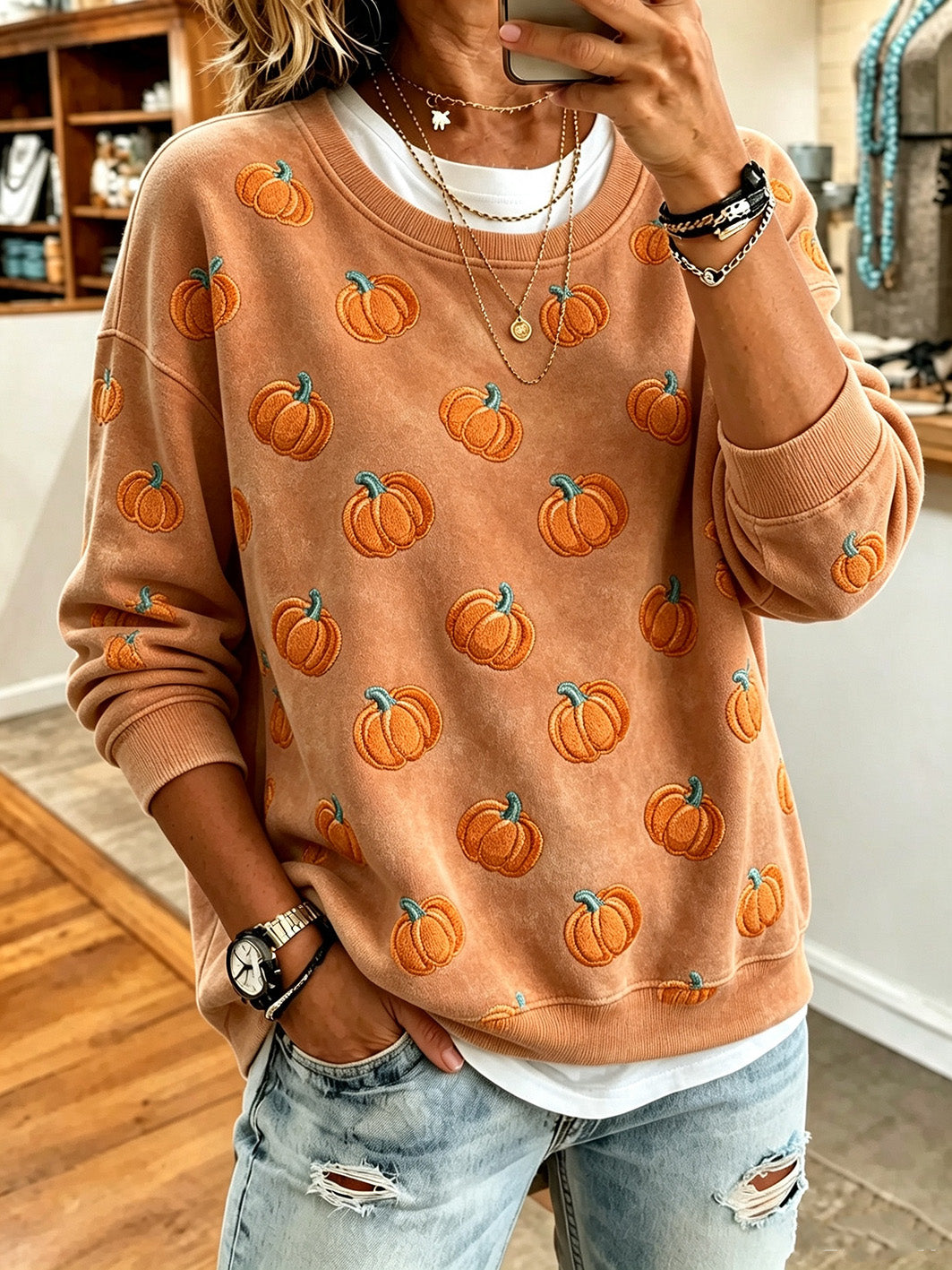 Women's autumn pumpkin pattern printed casual sweatshirt