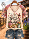 Women's Retro Western Raised On Dirt Roads And Jesus Print Casual V-Neck Tee