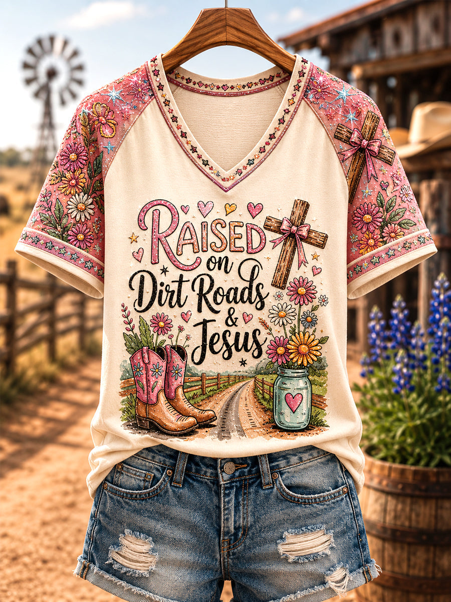 Women's Retro Western Raised On Dirt Roads And Jesus Print Casual V-Neck Tee