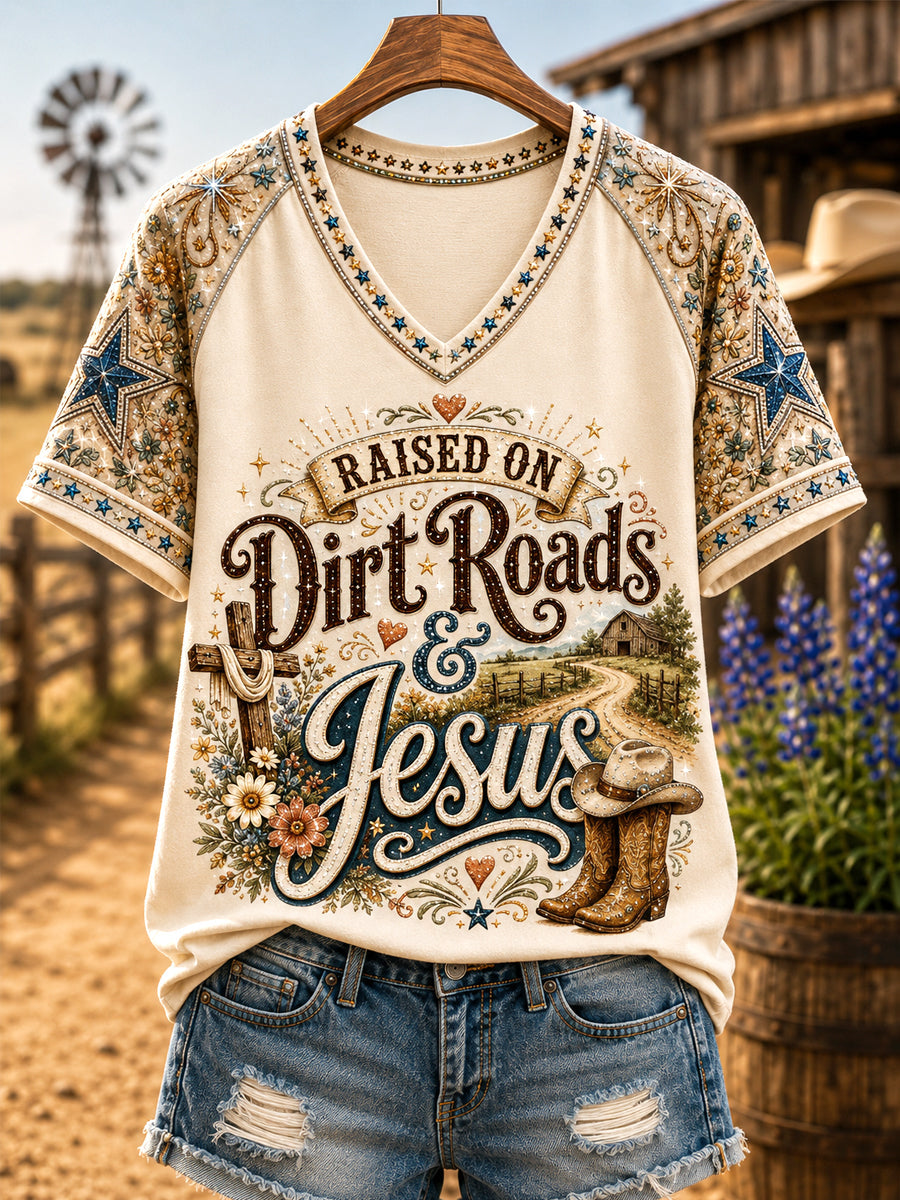 Women's Retro Western Raised On Dirt Roads And Jesus Print Casual V-Neck Tee