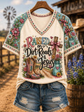 Women's Retro Western Raised On Dirt Roads And Jesus Print Casual V-Neck Tee